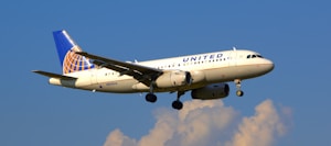 A commercial airplane with the United Airlines logo is flying against a backdrop of a clear blue sky with some clouds. The aircraft is white with blue and gold accents, and its wings are spread wide.