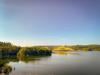 A serene lakeside resort surrounded by lush greenery under a clear blue sky