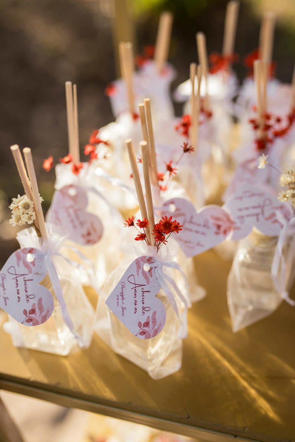 a table topped with lots of small bags filled with candy