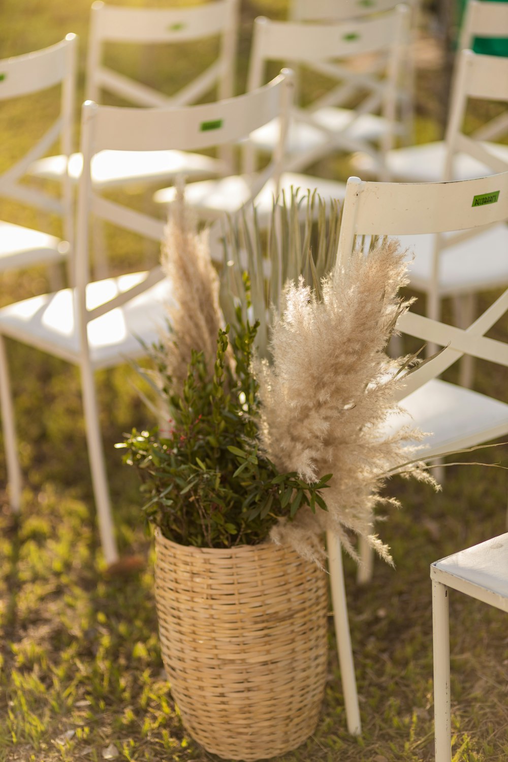 a bunch of white chairs sitting on top of a grass covered field