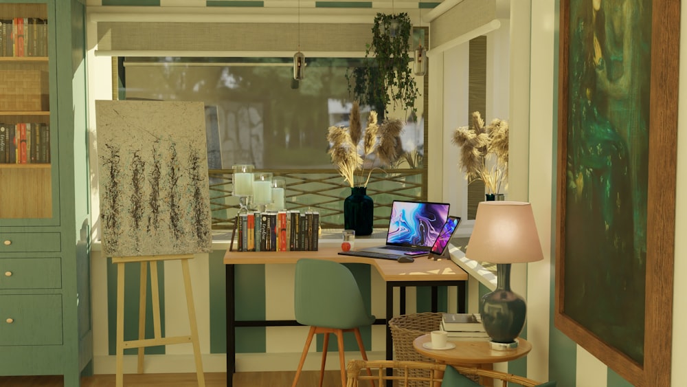 a room with a desk, chair, bookshelf and a laptop