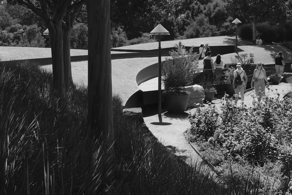 a black and white photo of people walking in a park