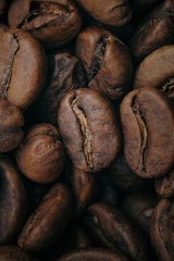 A close-up view of roasted coffee beans showcasing their smooth texture and rich brown color. The beans are displayed in varying orientations, highlighting their natural curves and cracks.