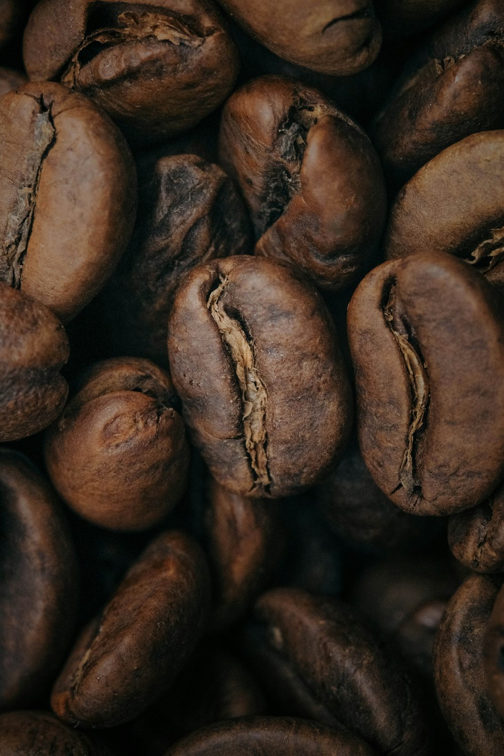 a pile of coffee beans that are brown