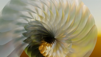 An abstract digital artwork featuring a swirling pattern reminiscent of a nautilus shell. Soft tones of green, yellow, and brown blend seamlessly, creating a sense of movement and depth. The overlapping layers of translucent, feather-like shapes contribute to the organic, fluid design.