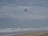A joyful customer flying a vibrant Skylegacy kite on a sunny beach.