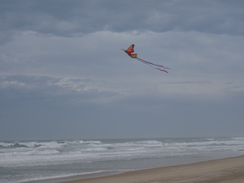 a kite flying over a beach next to the ocean
