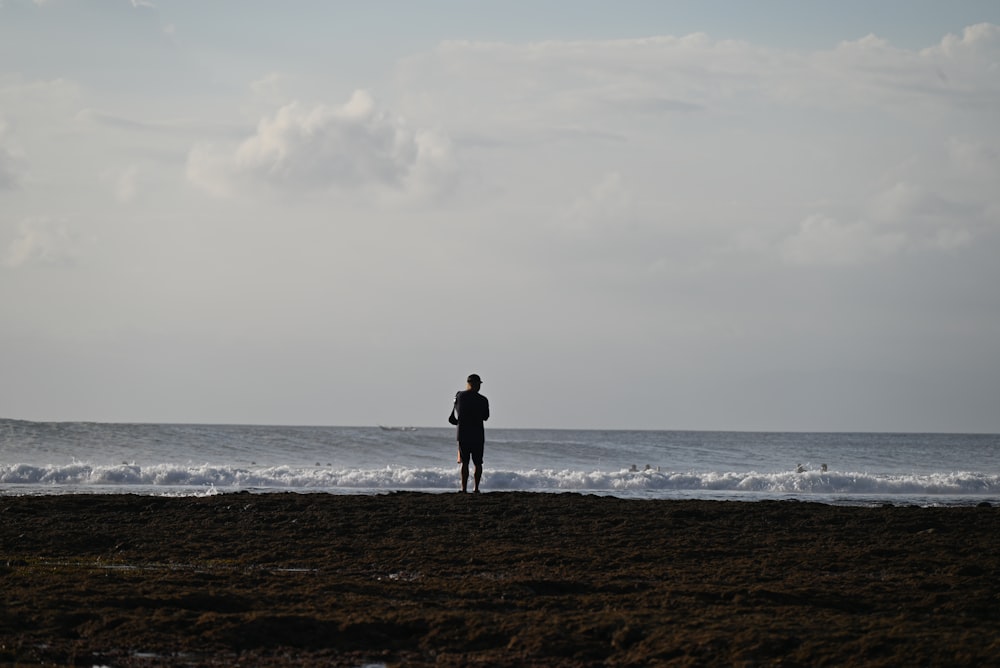 a man standing on a beach next to the ocean
