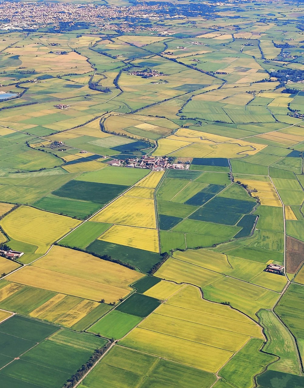 an aerial view of a large field of green and yellow grass