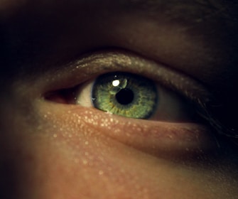 An extreme close-up of a human eye, focusing on the iris, which is vibrant with a mix of green and brown colors. The surrounding skin is depicted with fine detail, showing texture and subtle lighting contrasts.