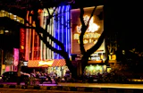 A building lit at night