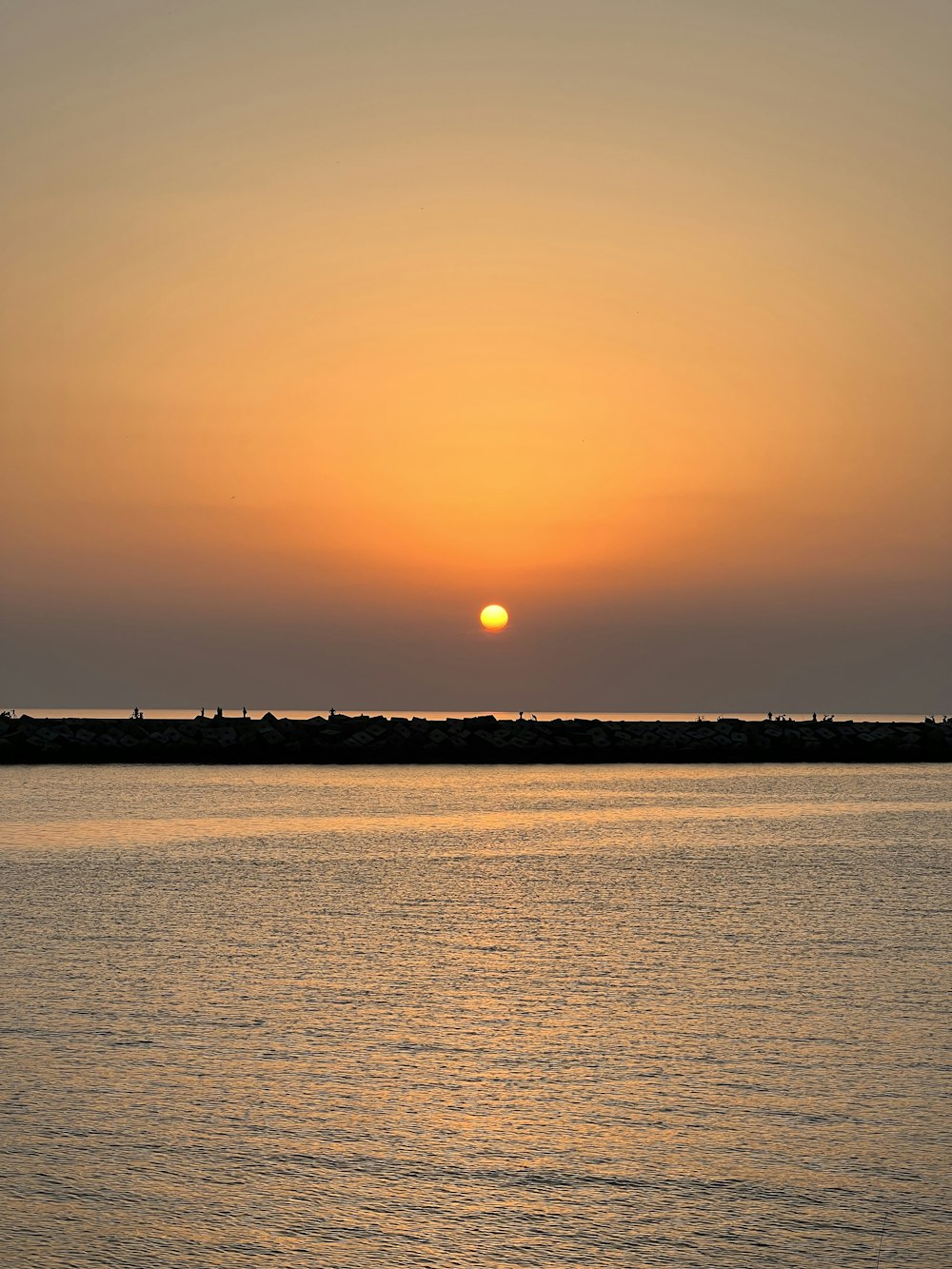 夕日を背景にした大きな水域