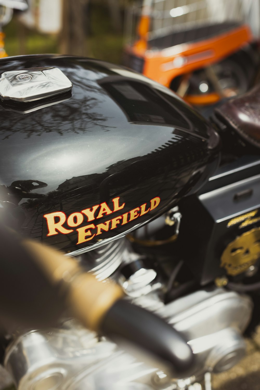 a close up of a royal enfield motorcycle