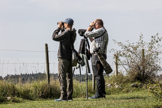 Two people are standing in a grassy field, both looking through binoculars or scopes set on tripods, suggesting bird watching or wildlife observation. The scene is outdoors with visible fence posts and wild shrubs under a clear sky.