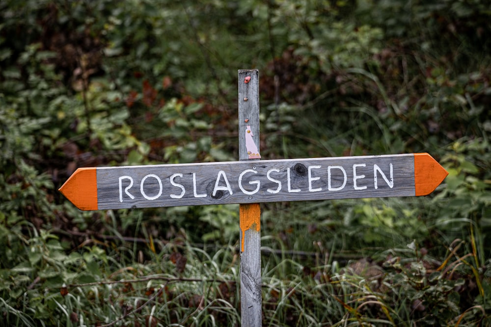 a wooden sign pointing to the right in a wooded area