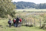 A group of people, including children and adults, are walking along a grassy path in a countryside setting. They are wearing backpacks and appear to be on a nature hike. The surroundings include lush green fields, a wooden fence, and a distant view of a forested hill. There is a small house visible at the base of the hill, and a few horses grazing in the field.