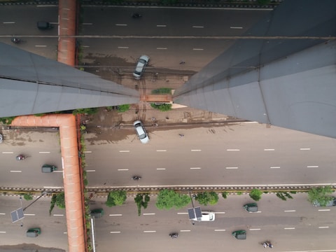 An aerial view of a smart charging road with vehicles.