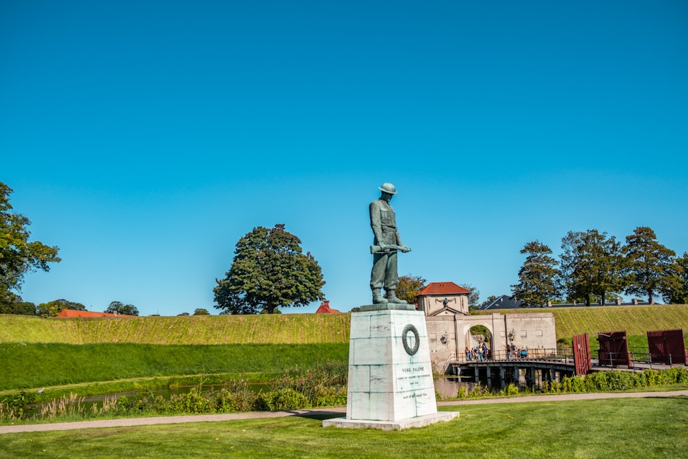 a statue of a man standing in a field