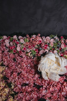A lavish arrangement of pink and blush roses with a large white flower amidst a bed of colorful petals. The backdrop is a dark, textured surface that contrasts with the vibrant floral display.