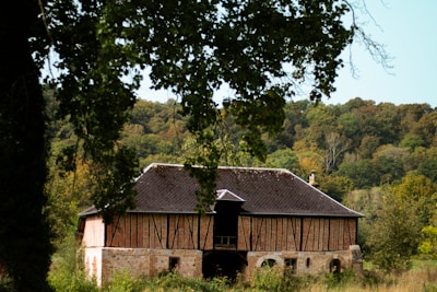 Rustic timber frame barn with natural wood grain and moss-covered roof.