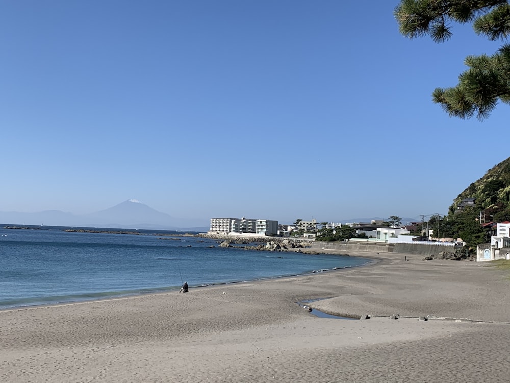 a view of a beach with a mountain in the background