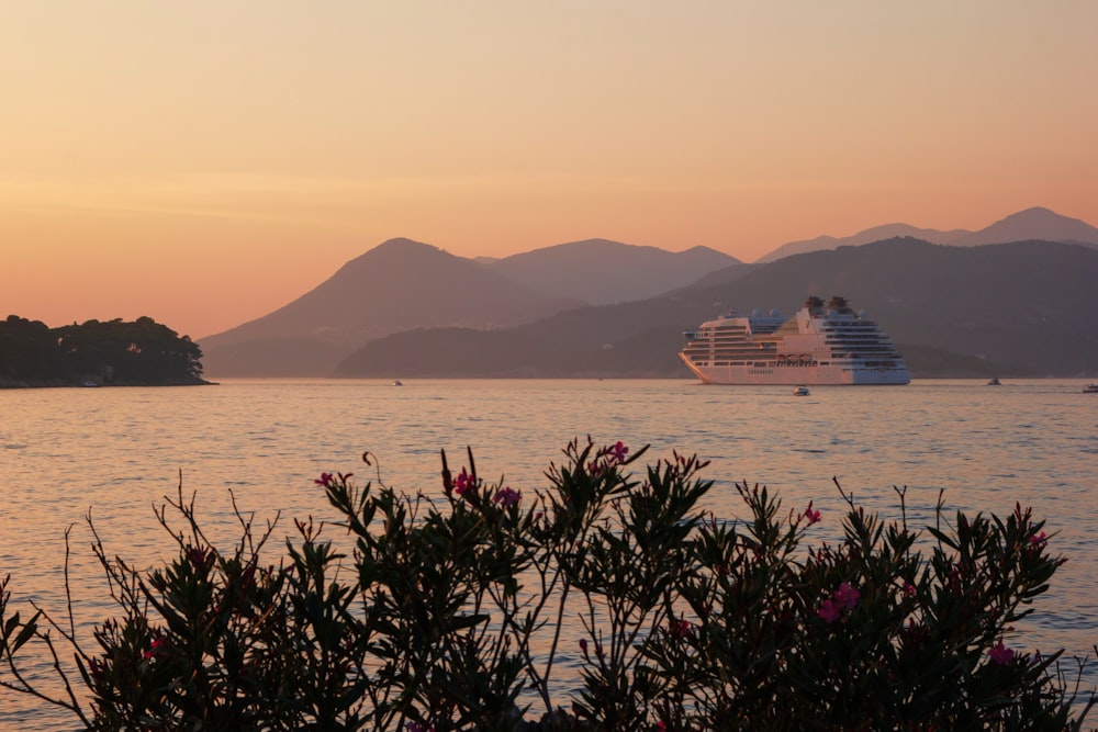 a cruise ship in the distance with mountains in the background