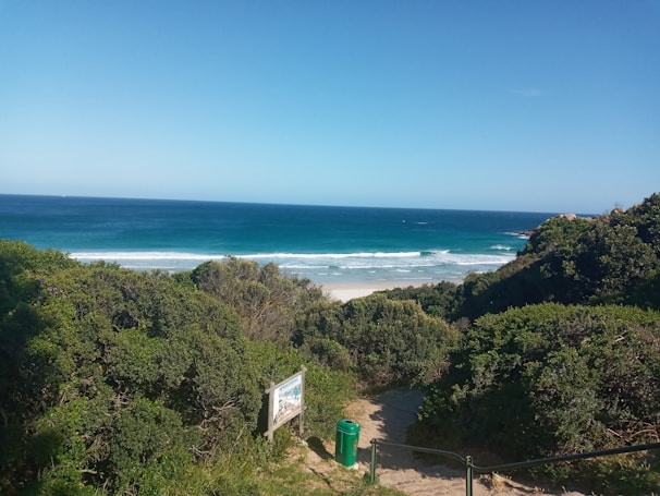 A scenic view of a beach with vibrant blue ocean waves meeting the sandy shore. Lush green foliage surrounds a pathway leading to the beach, with a recycling bin and a wooden sign visible near the entrance.