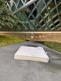 A mattress lies on a concrete path in front of a building with a modern architectural style featuring large, diamond-shaped glass panels. There are green plants on the left side, and the building's reflective glass reveals some interior lights. The ground is slightly wet, and a piece of cloth rests on top of the mattress.