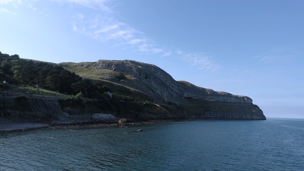 a body of water with a mountain in the background