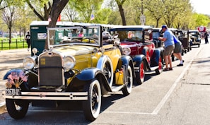A row of vintage cars is parked alongside a street, with people interacting with the vehicles. The cars are from different decades, primarily focusing on classic models like Ford Model A. Flags and decorative elements are visible on the cars, and the setting is outdoors with trees and green foliage around.