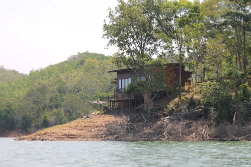 A handcrafted wooden home with large windows capturing the serene Kashmiri landscape.