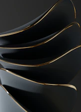 Close-up of sophisticated geometric golden lines over a matte black surface with subtle glowing particles.