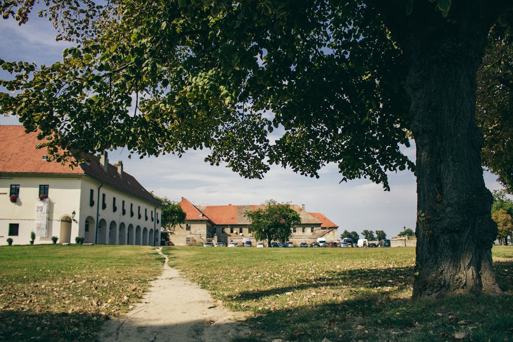 a large white building sitting on top of a lush green field