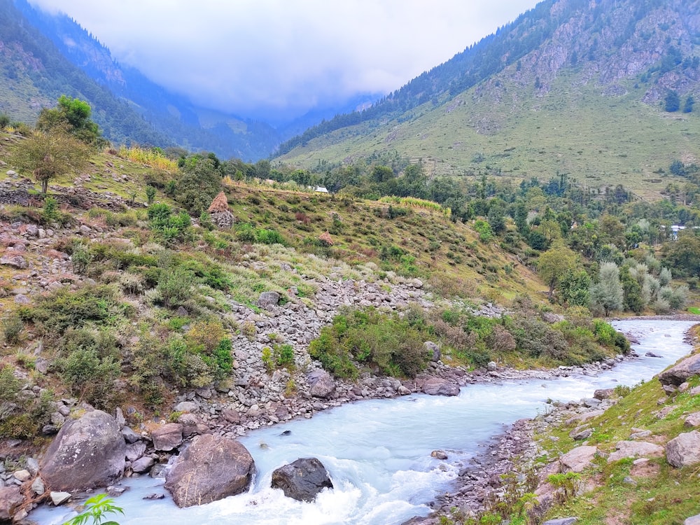 a river running through a lush green hillside