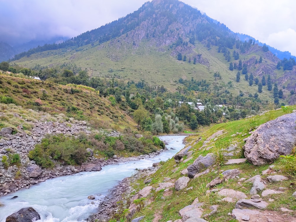 a river running through a lush green hillside