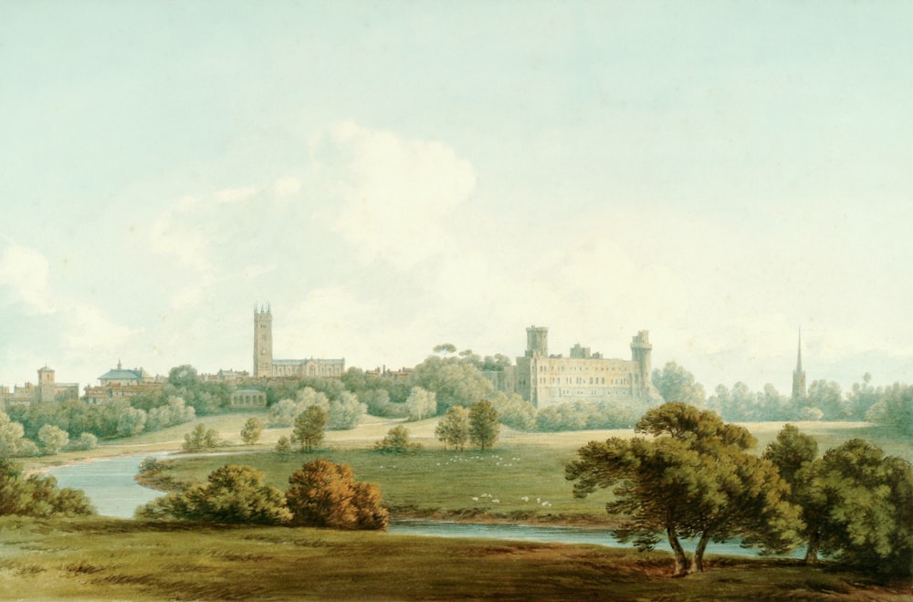 a painting of a castle with a river in the foreground