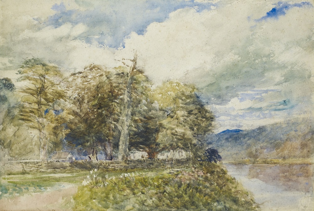 a painting of trees and a body of water