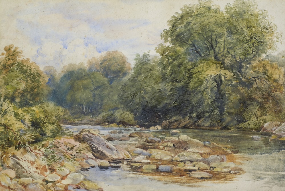 a painting of a river with rocks and trees