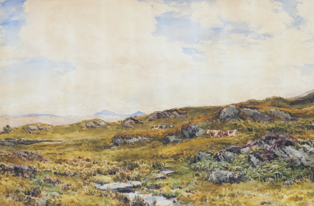a painting of a grassy field with a mountain in the background