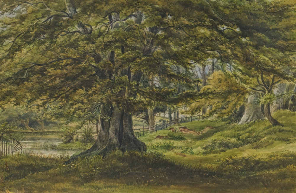 Un dipinto di un grande albero in mezzo a un campo