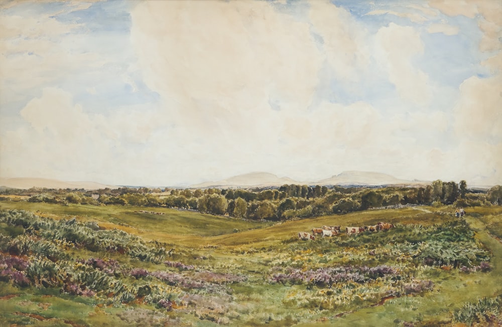 a painting of a field with cows in the distance
