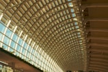 An expansive arched ceiling made of glass and metal beams allows natural light to flood into the space. The structure features repetitive geometric patterns in the form of curved beams and large glass panels. Greenery is visible along the lower portion, adding a touch of nature to the architectural setting.