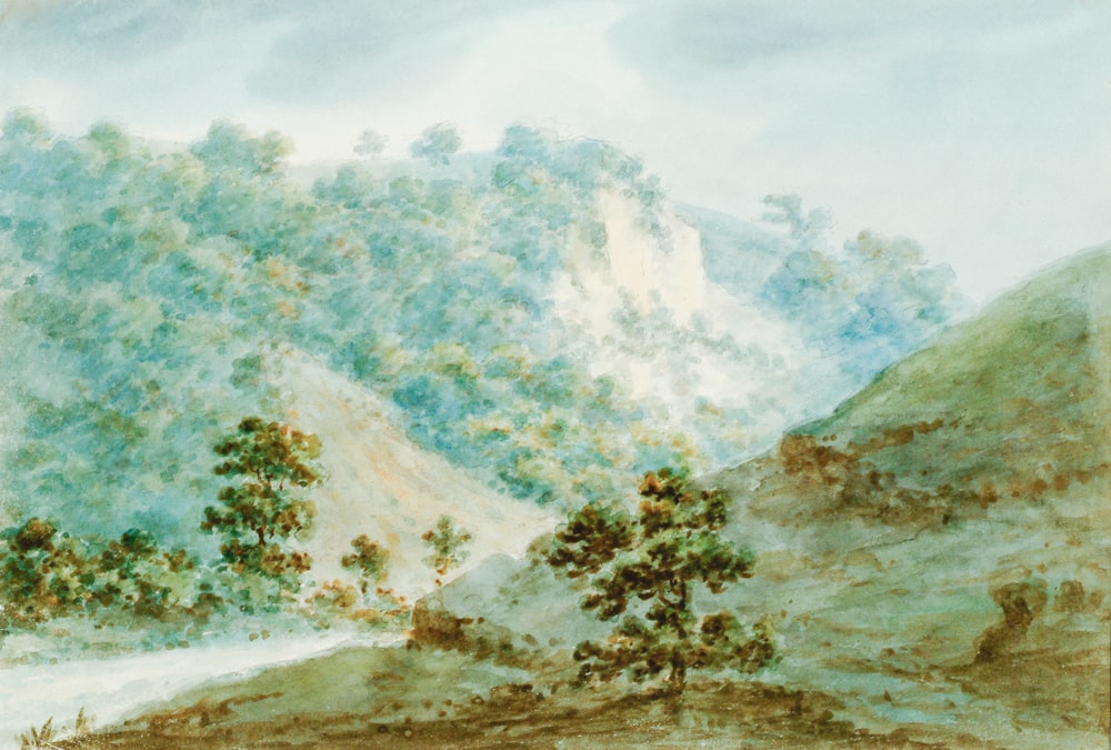 a painting of a mountain scene with trees