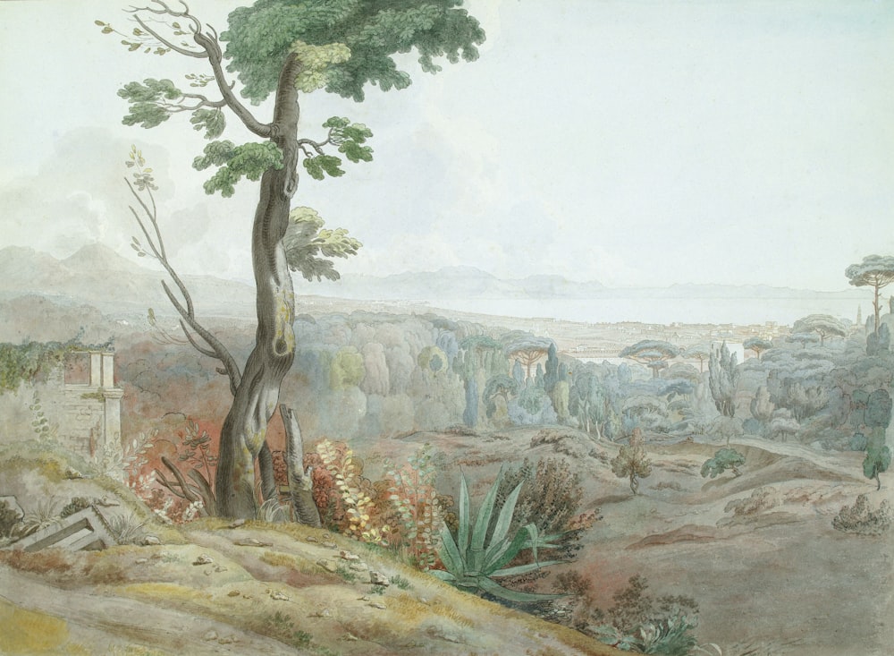 a painting of a landscape with trees and bushes