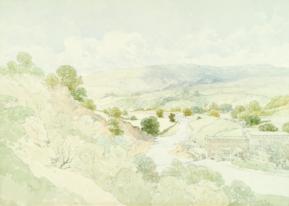 a painting of a hilly area with a river running through it