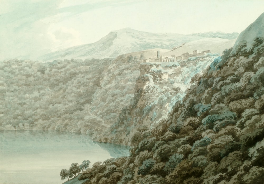 a painting of a castle on a mountain overlooking a lake