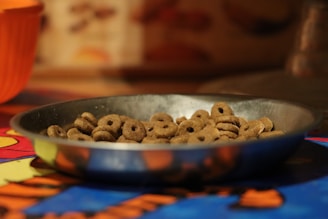A metal bowl filled with ring-shaped dog food pellets sits on a colorful tablecloth. The background is blurred, featuring warm tones.