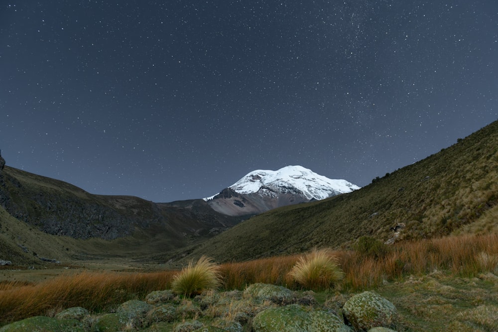 a snow covered mountain under a night sky