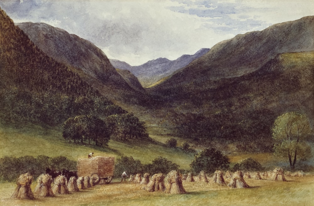 a painting of a group of people in a mountainous area