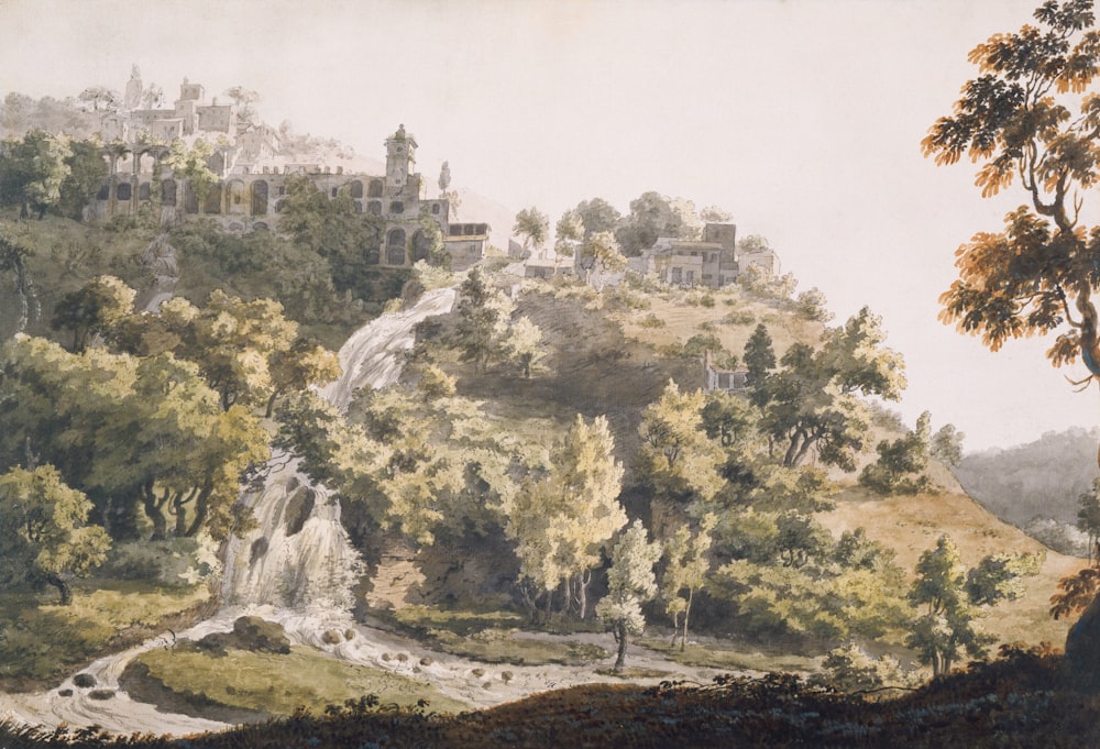 a painting of a landscape with a waterfall